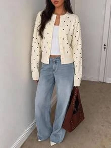 SHEIN Tall Women's Polka Dot Single-Breasted Long Sleeve Casual Knit Cardigan - White - View 2