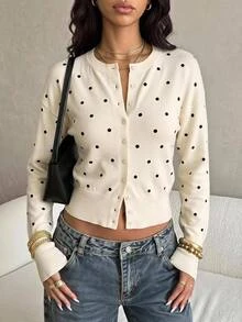 SHEIN Tall Women's Polka Dot Single-Breasted Long Sleeve Casual Knit Cardigan - White - View 6