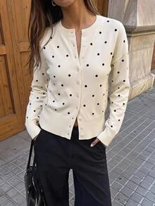 SHEIN Tall Women's Polka Dot Single-Breasted Long Sleeve Casual Knit Cardigan - White - View 1