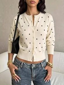 SHEIN Tall Women's Polka Dot Single-Breasted Long Sleeve Casual Knit Cardigan - White - View 4