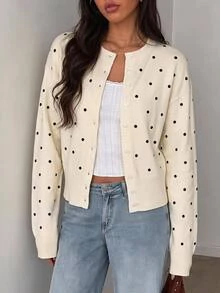SHEIN Tall Women's Polka Dot Single-Breasted Long Sleeve Casual Knit Cardigan - White - View 5
