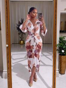 SHEIN Lady Plus Size Floral Print Pleated Waist Dress For Vacation - Multicolor - View 3