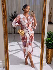 SHEIN Lady Plus Size Floral Print Pleated Waist Dress For Vacation - Multicolor - View 4