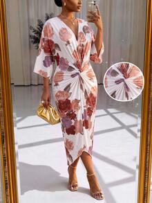 SHEIN Lady Plus Size Floral Print Pleated Waist Dress For Vacation - Multicolor - View 1