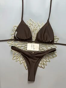Swim Vcay 春夏海灘度假三角杯掛脖式兩件式比基尼泳衣 - 棕色 - 查看 2