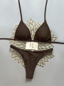 Swim Vcay 春夏海灘度假三角杯掛脖式兩件式比基尼泳衣 - 棕色 - 查看 4