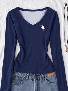 Kids Teen Girls Casual Minimalist V-Neck Versatile Slim Fit Long Sleeve T-Shirt Suitable For All Seasons - Multicolor - View 5