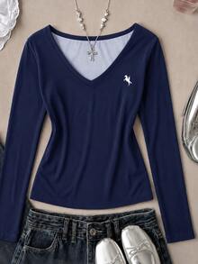 Kids Teen Girls Casual Minimalist V-Neck Versatile Slim Fit Long Sleeve T-Shirt Suitable For All Seasons - Multicolor - View 4