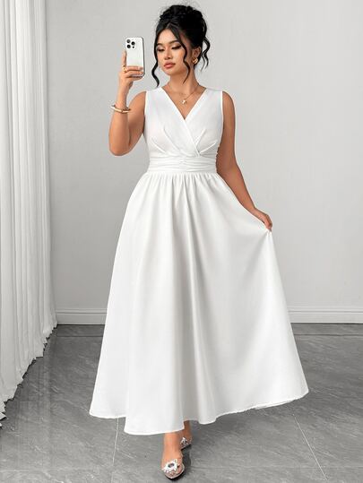 Elenzga Plus Size White Shirred Sleeveless Back Shirred Waist Flare Midi Dress