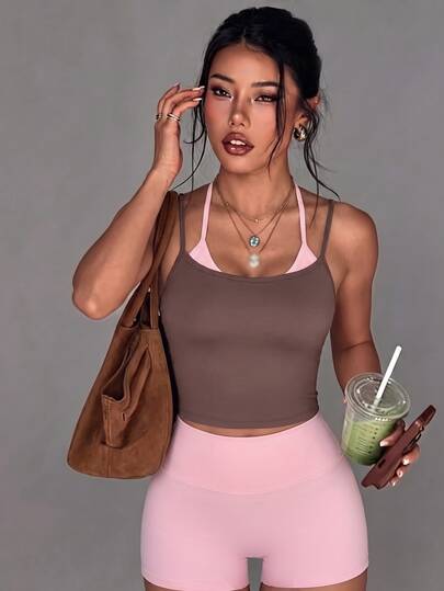 Bonvoyette Sporty Style Coffee Pink Contrast Color Solid No Print Double Layer 2 In 1 Spaghetti Strap Camisole Cropped Tank Top Folded Wide Waistband Tight Shorts Pure Desire Home Slouchy Spring Summer Bedroom Home Selfie Soft Low Saturation Tone Slim Fit Slim Fit Gentle