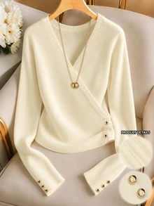 GlowEve CURVE Plus Size Women's Autumn/Winter Casual Style, Simple Versatile Gentle Style, Cross V-Neck Asymmetric Gold Button Vertical Ribbed Slim Fit Knit Top, Suitable For Autumn/Winter Wear - Apricot - View 1
