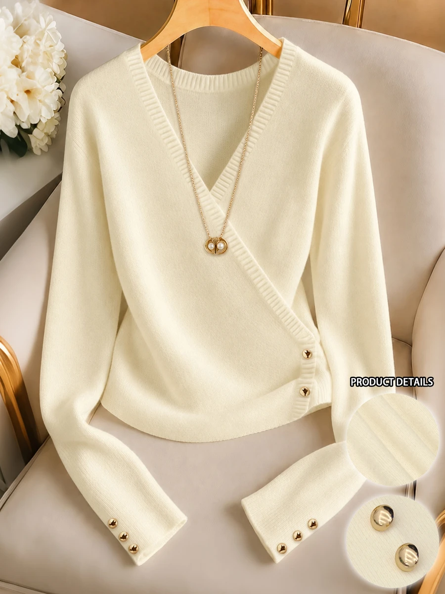 GlowEve CURVE Plus Size Women's Autumn/Winter Casual Style, Simple Versatile Gentle Style, Cross V-Neck Asymmetric Gold Button Vertical Ribbed Slim Fit Knit Top, Suitable For Autumn/Winter Wear - Apricot - View 1