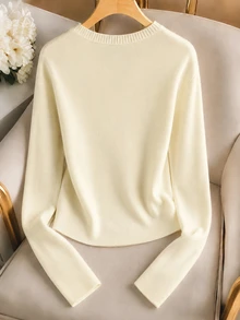 GlowEve CURVE Plus Size Women's Autumn/Winter Casual Style, Simple Versatile Gentle Style, Cross V-Neck Asymmetric Gold Button Vertical Ribbed Slim Fit Knit Top, Suitable For Autumn/Winter Wear - Apricot - View 2