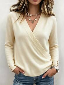 GlowEve CURVE Plus Size Women's Autumn/Winter Casual Style, Simple Versatile Gentle Style, Cross V-Neck Asymmetric Gold Button Vertical Ribbed Slim Fit Knit Top, Suitable For Autumn/Winter Wear - Apricot - View 5