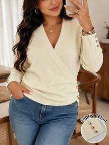 GlowEve CURVE Plus Size Women's Autumn/Winter Casual Style, Simple Versatile Gentle Style, Cross V-Neck Asymmetric Gold Button Vertical Ribbed Slim Fit Knit Top, Suitable For Autumn/Winter Wear - Apricot - View 4