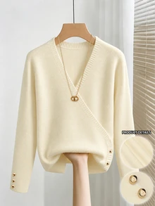 GlowEve CURVE Plus Size Women's Autumn/Winter Casual Style, Simple Versatile Gentle Style, Cross V-Neck Asymmetric Gold Button Vertical Ribbed Slim Fit Knit Top, Suitable For Autumn/Winter Wear - Apricot - View 3