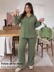 Lounesse 大尺碼女款休閒傳統襯衫與長褲套裝，秋季日常正式度假辦公商務工作外出穿搭，鼠尾草綠 - 橄欖綠 - 查看 4