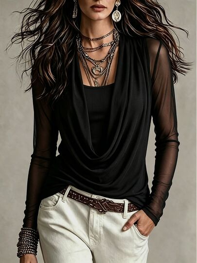LUMIGAL New Elegant Sexy Loose Solid Color 2 In 1 Sheer Mesh Long Sleeve Patchwork Cowl Neck Women's Top Halloween Club Going Out Black Autumn