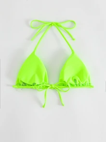 SHEIN Swim Summer Beach Halter Triangle Neon Bikini Top - Lime Green - View 3