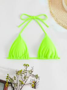 SHEIN Swim Summer Beach Halter Triangle Neon Bikini Top - Lime Green - View 4