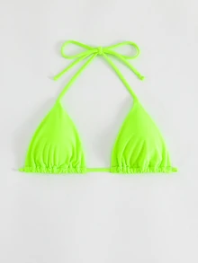 SHEIN Swim Summer Beach Halter Triangle Neon Bikini Top - Lime Green - View 7