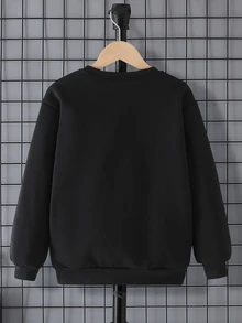 SHEIN 青少年男孩 1 件時尚休閒街頭風黑紅配色手部支撐 67 號設計圖案印花圓領運動衫，適合學校日常穿著 - 黑色 - 查看 2