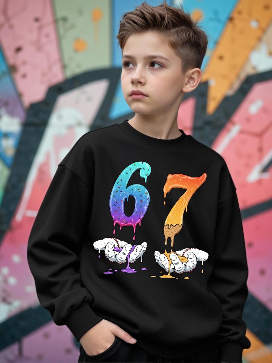 SHEIN 青少年男孩 1 件時尚休閒街頭風黑紅配色手部支撐 67 號設計圖案印花圓領運動衫，適合學校日常穿著 - 黑色 - 查看 1