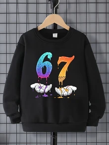 SHEIN 青少年男孩 1 件時尚休閒街頭風黑紅配色手部支撐 67 號設計圖案印花圓領運動衫，適合學校日常穿著 - 黑色 - 查看 4