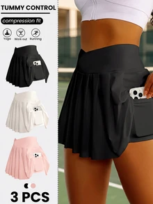 CourtClass CourtClass 3pcs Women High Waist Solid Color Pocket Sports Skort Set - Multicolor - View 2