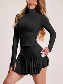 CourtClass CourtClass 2pcs Women's Solid Color Long Sleeve Tennis Outfit - Black - View 7