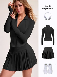 CourtClass CourtClass 2pcs Women's Solid Color Long Sleeve Tennis Outfit - Black - View 6