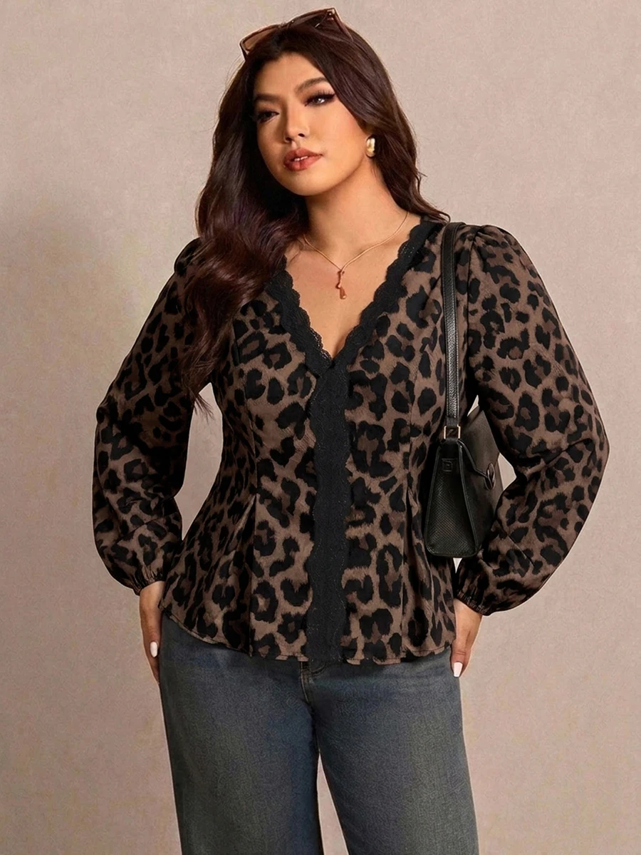 Elaquor Plus Size Vintage Leopard Print V-Neck Long Sleeve Autumn Blouse Fall - Multicolor - View 1