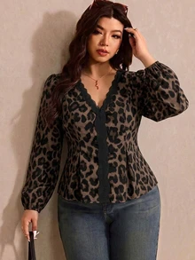 Elaquor Plus Size Vintage Leopard Print V-Neck Long Sleeve Autumn Blouse Fall - Multicolor - View 6