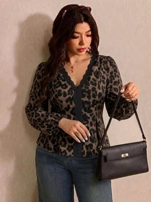 Elaquor Plus Size Vintage Leopard Print V-Neck Long Sleeve Autumn Blouse Fall - Multicolor - View 4
