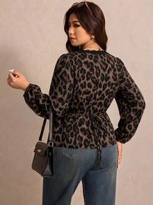 Elaquor Plus Size Vintage Leopard Print V-Neck Long Sleeve Autumn Blouse Fall - Multicolor - View 2