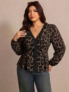 Elaquor Plus Size Vintage Leopard Print V-Neck Long Sleeve Autumn Blouse Fall - Multicolor - View 7