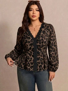 Elaquor Plus Size Vintage Leopard Print V-Neck Long Sleeve Autumn Blouse Fall - Multicolor - View 5