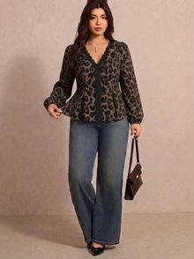 Elaquor Plus Size Vintage Leopard Print V-Neck Long Sleeve Autumn Blouse Fall - Multicolor - View 3