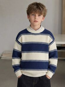 Tween Boys Striped Thick Knit Pullover Sweater, Soft And Comfortable, Casual, Suitable For Autumn/Winter, Daily Wear, Outings, Travel, Vacation, Home - White - View 9