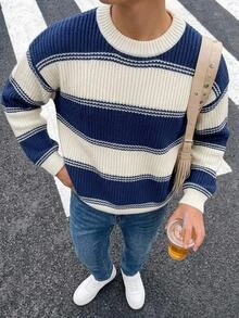 Tween Boys Striped Thick Knit Pullover Sweater, Soft And Comfortable, Casual, Suitable For Autumn/Winter, Daily Wear, Outings, Travel, Vacation, Home - White - View 1