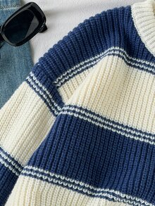 Tween Boys Striped Thick Knit Pullover Sweater, Soft And Comfortable, Casual, Suitable For Autumn/Winter, Daily Wear, Outings, Travel, Vacation, Home - White - View 6
