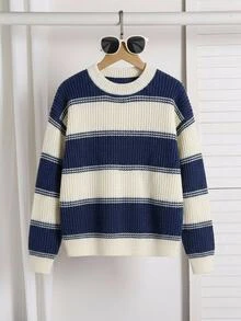 Tween Boys Striped Thick Knit Pullover Sweater, Soft And Comfortable, Casual, Suitable For Autumn/Winter, Daily Wear, Outings, Travel, Vacation, Home - White - View 8