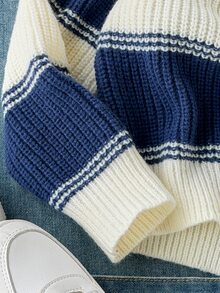 Tween Boys Striped Thick Knit Pullover Sweater, Soft And Comfortable, Casual, Suitable For Autumn/Winter, Daily Wear, Outings, Travel, Vacation, Home - White - View 5