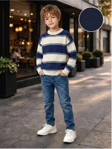 Tween Boys Striped Thick Knit Pullover Sweater, Soft And Comfortable, Casual, Suitable For Autumn/Winter, Daily Wear, Outings, Travel, Vacation, Home - White - View 7