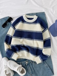 Tween Boys Striped Thick Knit Pullover Sweater, Soft And Comfortable, Casual, Suitable For Autumn/Winter, Daily Wear, Outings, Travel, Vacation, Home - White - View 10