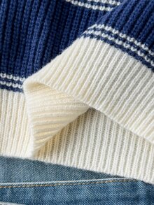 Tween Boys Striped Thick Knit Pullover Sweater, Soft And Comfortable, Casual, Suitable For Autumn/Winter, Daily Wear, Outings, Travel, Vacation, Home - White - View 11