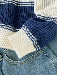 Tween Boys Striped Thick Knit Pullover Sweater, Soft And Comfortable, Casual, Suitable For Autumn/Winter, Daily Wear, Outings, Travel, Vacation, Home - White - View 4