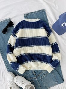 Tween Boys Striped Thick Knit Pullover Sweater, Soft And Comfortable, Casual, Suitable For Autumn/Winter, Daily Wear, Outings, Travel, Vacation, Home - White - View 2