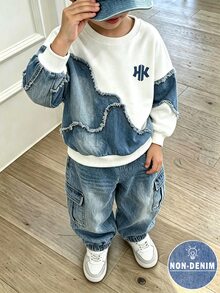 2件組小男孩時尚簡約舒適圓領衛衣與工裝褲套裝，簡約酷感英文字母滿版印花設計，適合假期派對、休閒聚會，舒適自在，小男孩春夏秋冬的首選，時尚休閒穿搭、街頭風、戶外休閒套裝、返校派對 - 彩色 - 查看 1