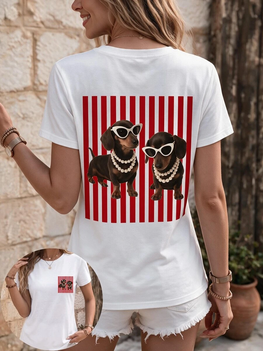EMERY ROSE Women's Dog Print Round Neck Short Sleeve T-Shirt - White - View 1